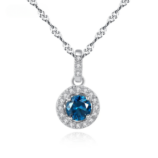Halo Pendant Necklace in Sterling Silver and Blue Stone