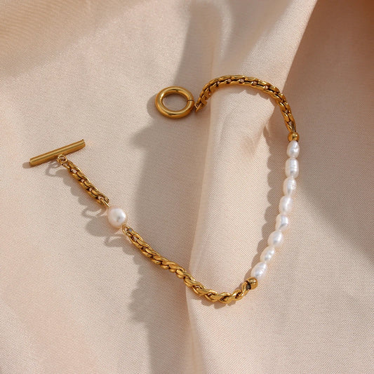 Waterproof Freshwater Pearl & Woven Chain Bracelet - 18K Gold Plated