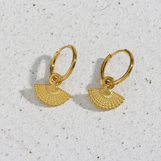 Waterproof Bohemian Fan Charm Hoop Earrings - 18K Gold Plated