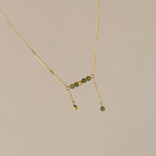 Waterproof Olive Green Beaded Tassel Necklace—18K gold-plated