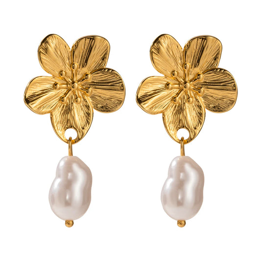 Waterproof Cherry Flower Pearl Earrings - 18K Gold Plated stainless steel