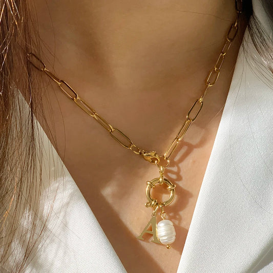 Waterproof Gold Choker with Freshwater Pearl & Initial Pendant - 18K Gold Plated