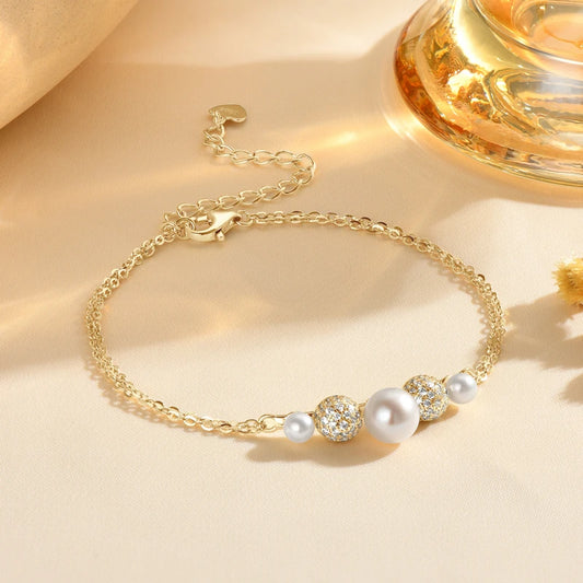 Pearl & Zircon Bracelet - Gold Plated Sterling Silver