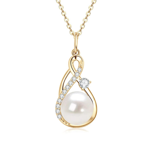 Pearl & Moissanite Infinity Pendant Necklace - 14K yellow Gold Plated Sterling Silver