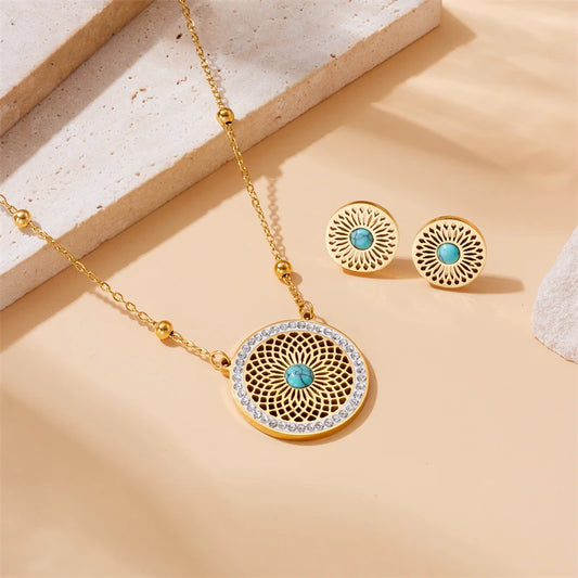 Waterproof Turquoise Leaf Necklace & Earrings Set - 18K Gold Plated