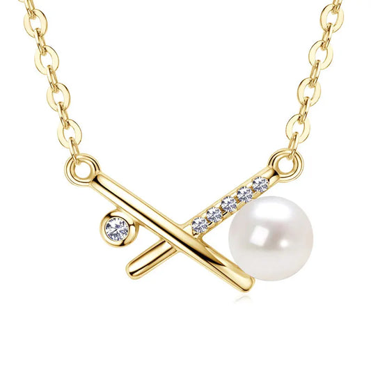 Freshwater Pearl & Zircon X-Shaped Pendant Necklace - 14K Yellow Gold Plated Sterling Silver