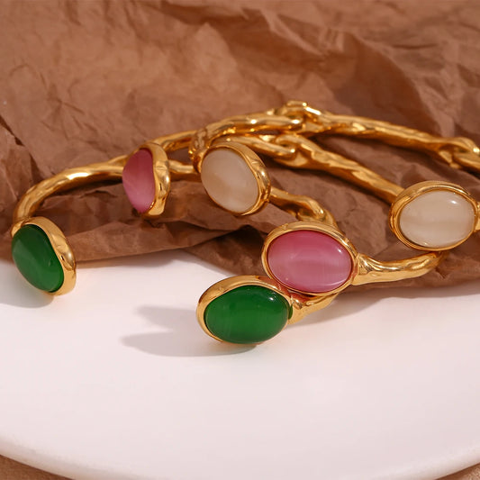 Waterproof Elegant Agate Crystal Bracelet in beige, pink and green options - 18K Gold Plated
