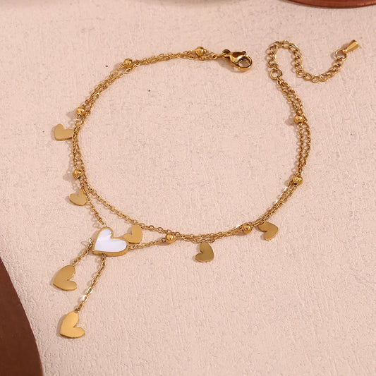 Waterproof Double Layered Heart Tassel Anklet - 18K Gold Plated