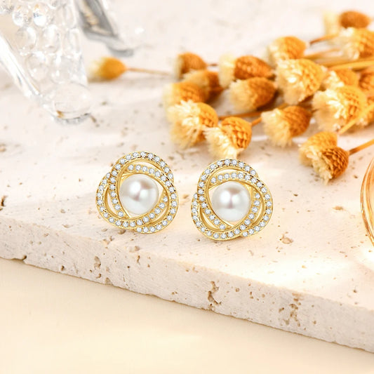 Pearl & Zircon Flower Stud Earrings in 14K Yellow Gold Plated Sterling Silver