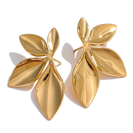 Waterproof Leaf Stud Earrings - 18K Gold Plated