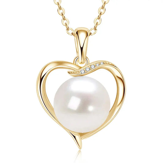 Pearl & Moissanite Heart Pendant Necklace - Yellow Gold Plated Sterling Silver