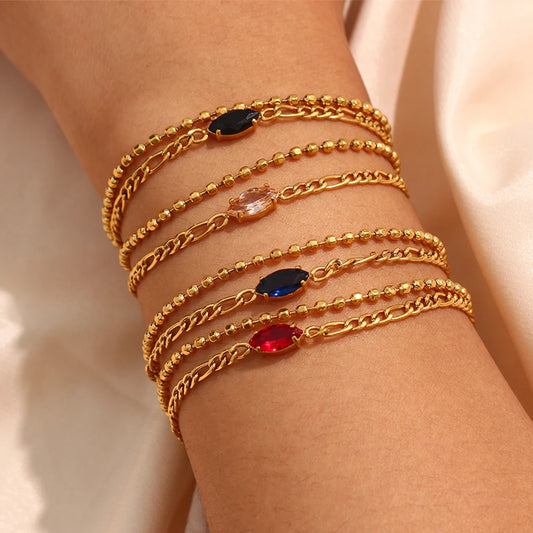 Waterproof Elegant Double Layer Beaded Chain Bracelet black pink blue or red gem options- 18K Gold Plated