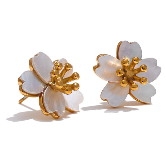Waterproof Natural Shell Flower Stud Earrings - 18K Gold Plated