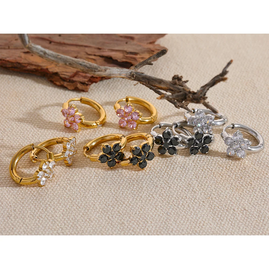Waterproof Zirconia Flower Hoop Earrings - 18K Gold Plated in black, pink and clear options