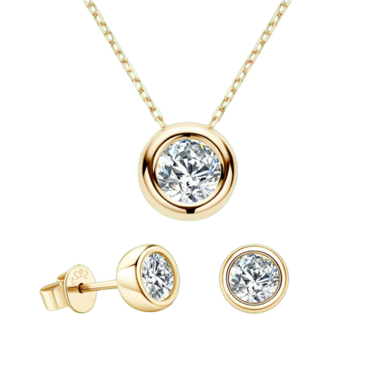 Bezel Solitaire Moissanite Jewelry Set in 18K Yellow Gold Plated Silver