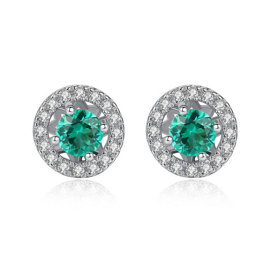 Round Stud Earrings in Sterling Silver and Green Stone