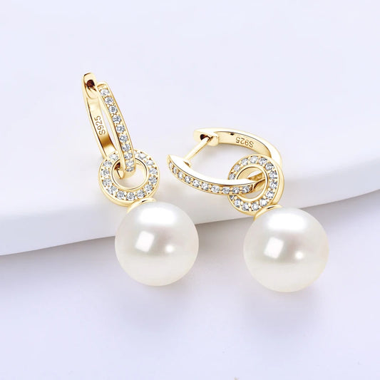 Pearl & Zircon Hoop Drop Earrings in 14K Yellow Gold Plated Sterling Silver