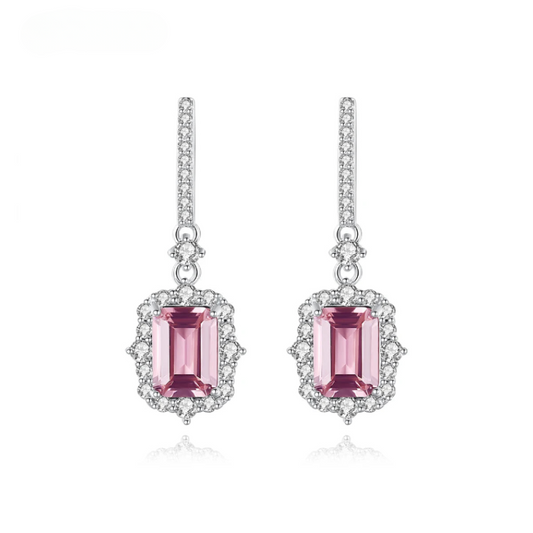 25 x 9.3mm sterling silver square Pink Morganite and clear stones Drop Earrings