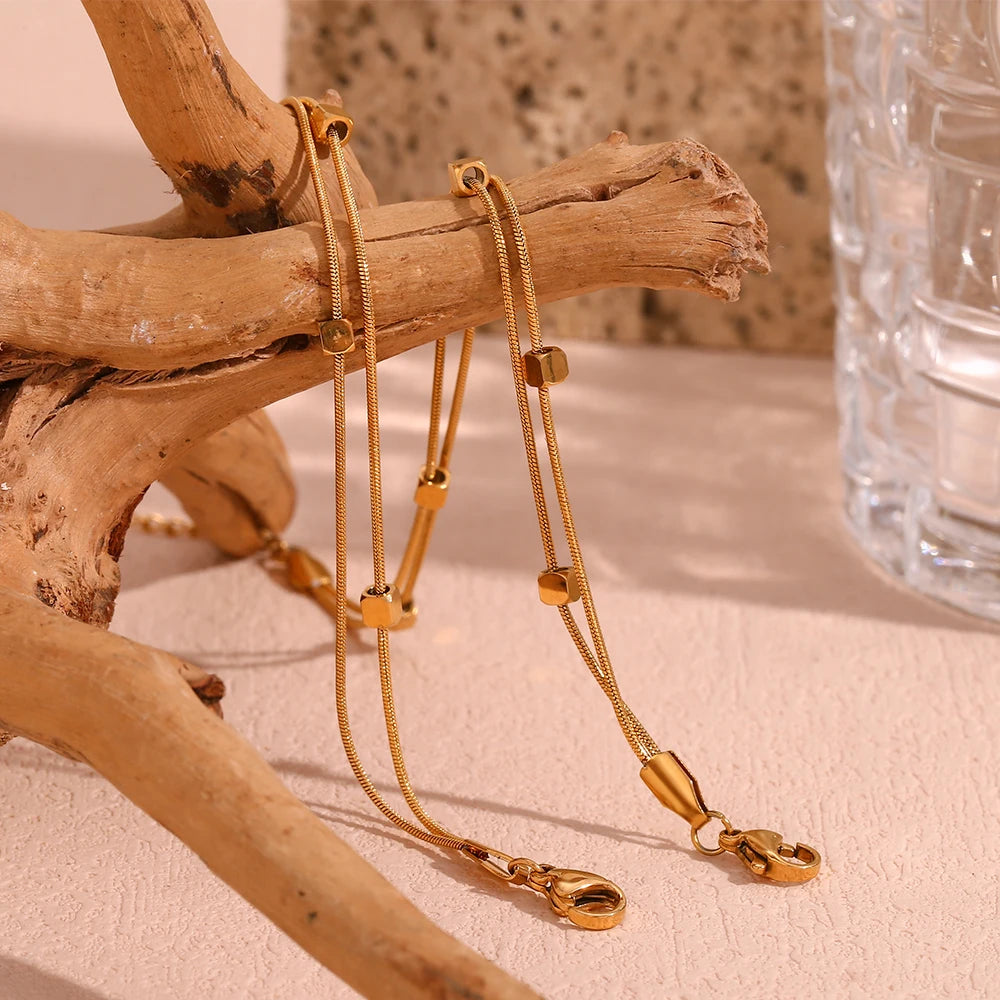  18K Gold Plated Waterproof Double Layer Anklet with square beads