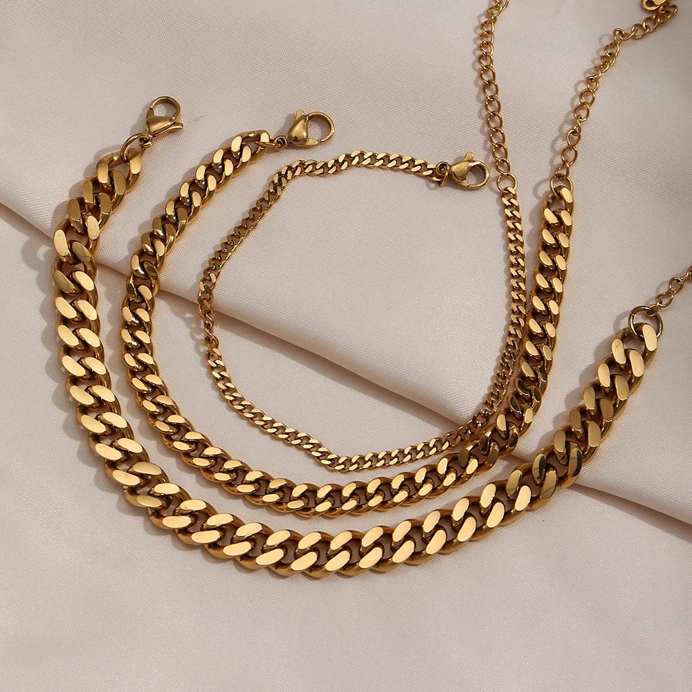 18K_Gold_Plated_Waterproof_Cuban_Chain_Anklet in size 16+5cm, and .5mm, 6.5mm and 8mm