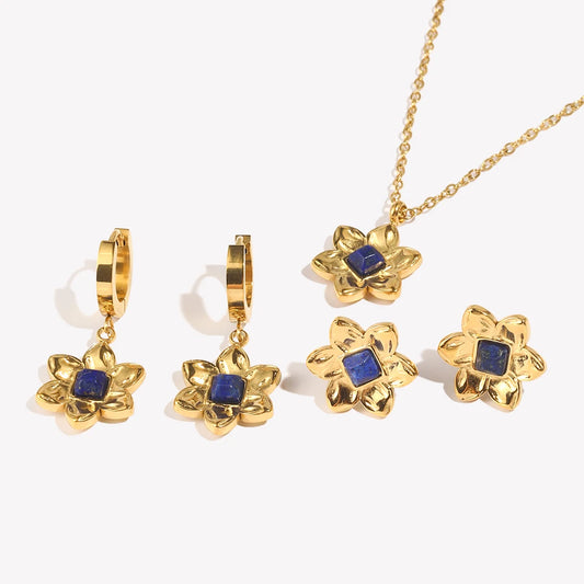 Waterproof Blue Flower Necklace and Earrings Set – 18K Gold Plated