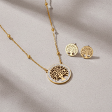 Waterproof Golden Tree of Life Necklace & Earrings Set –  18K Gold Plated