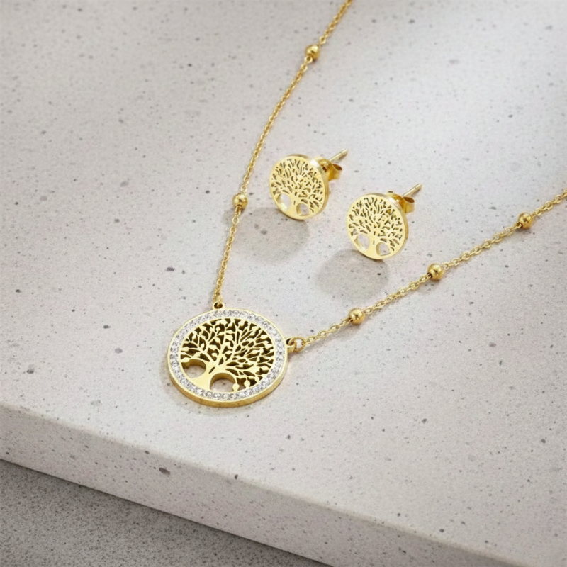 Waterproof Golden Tree of Life Necklace & Earrings Set –  18K Gold Plated