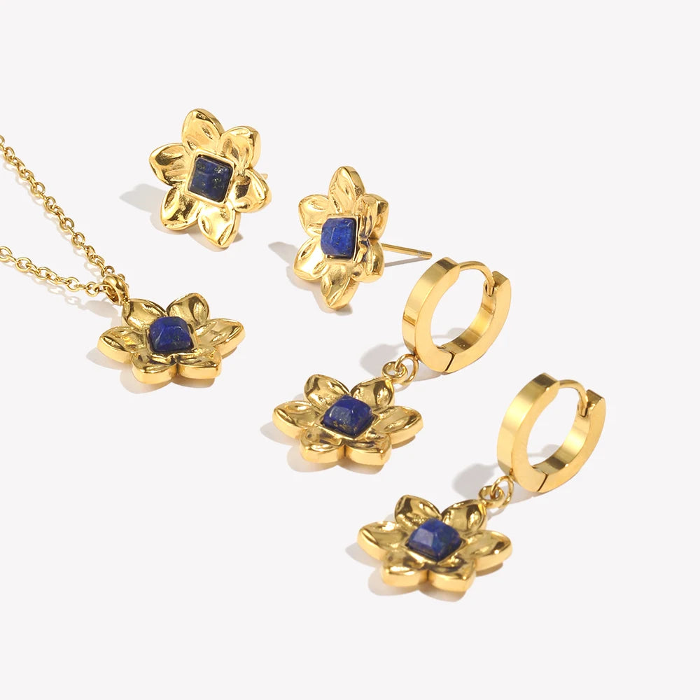 Waterproof Blue Flower Necklace and Earrings Set – 18K Gold Plated
