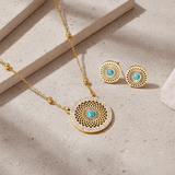 Waterproof Turquoise Leaf Necklace & Earrings Set - 18K Gold Plated