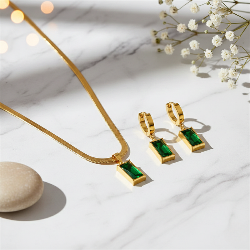 Waterproof Elegant Green Zircon Necklace & Earrings Set – 18K Gold Plated