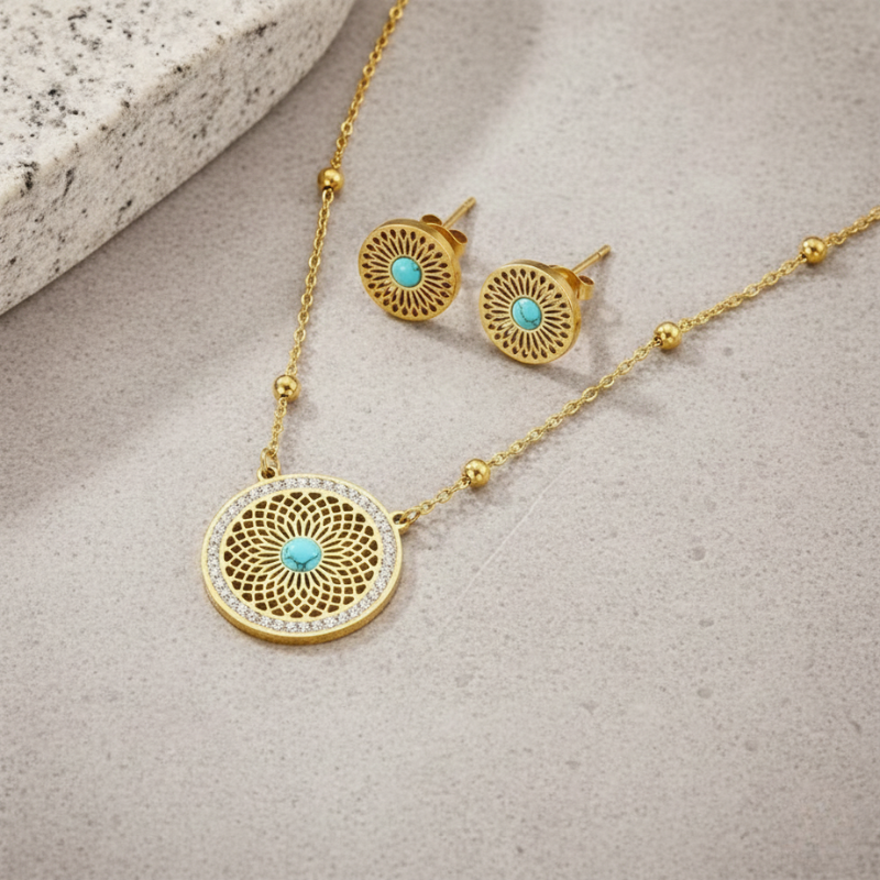 Waterproof Turquoise Leaf Necklace & Earrings Set - 18K Gold Plated