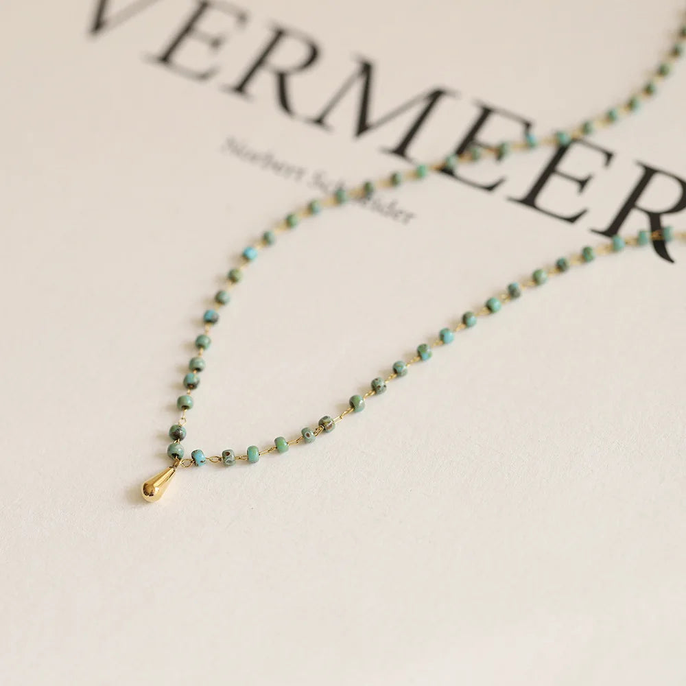 Waterproof Vintage Bead Chain Water Drop Pendant Necklace in 18K Gold Plated Stainless Steel