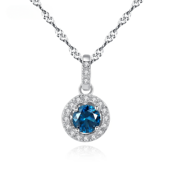 Sterling Silver Halo Pendant Necklace in Silver and blue stone