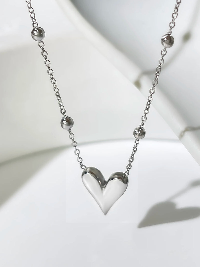 Dainty Love Heart Bead Chain Necklace in 18K white Gold-Plated Stainless Steel