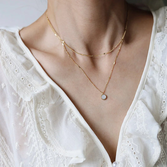 Model wearing Double-Layer Gold Shell Pendant Necklace Waterproof 18K Gold-Plated Stainless Steel