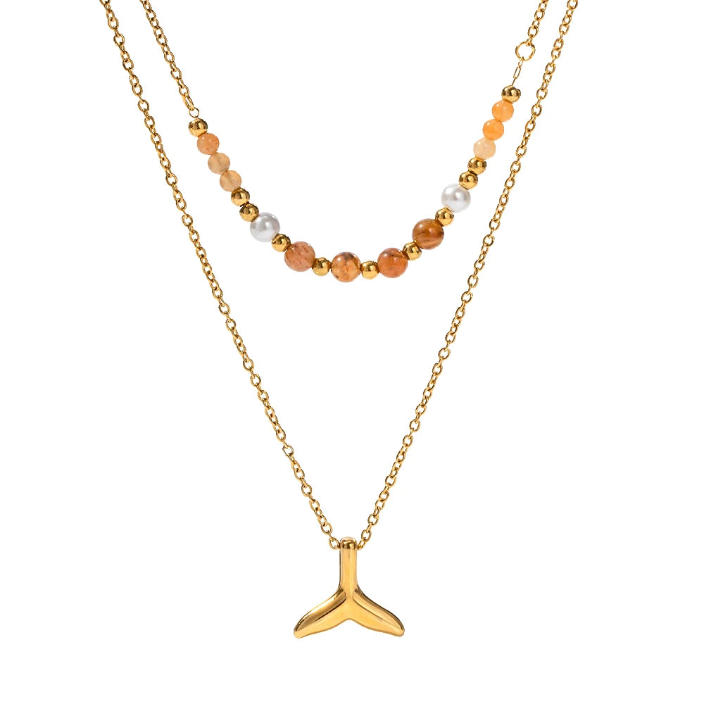 Uworld Natural Stone Beaded Pendant 18K PVD Gold Plated Stainless Steel Double Fishtail Necklace For Women