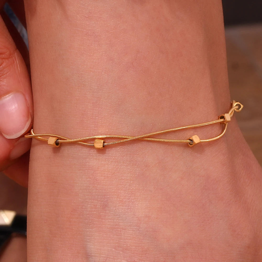 Waterproof Double Layer Anklet with square beads in 18K Gold Plated