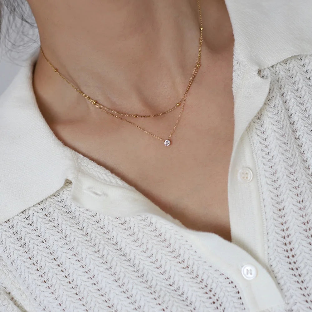 Elegant Double Layer Zircon Pendant Necklace in stainless steel. 