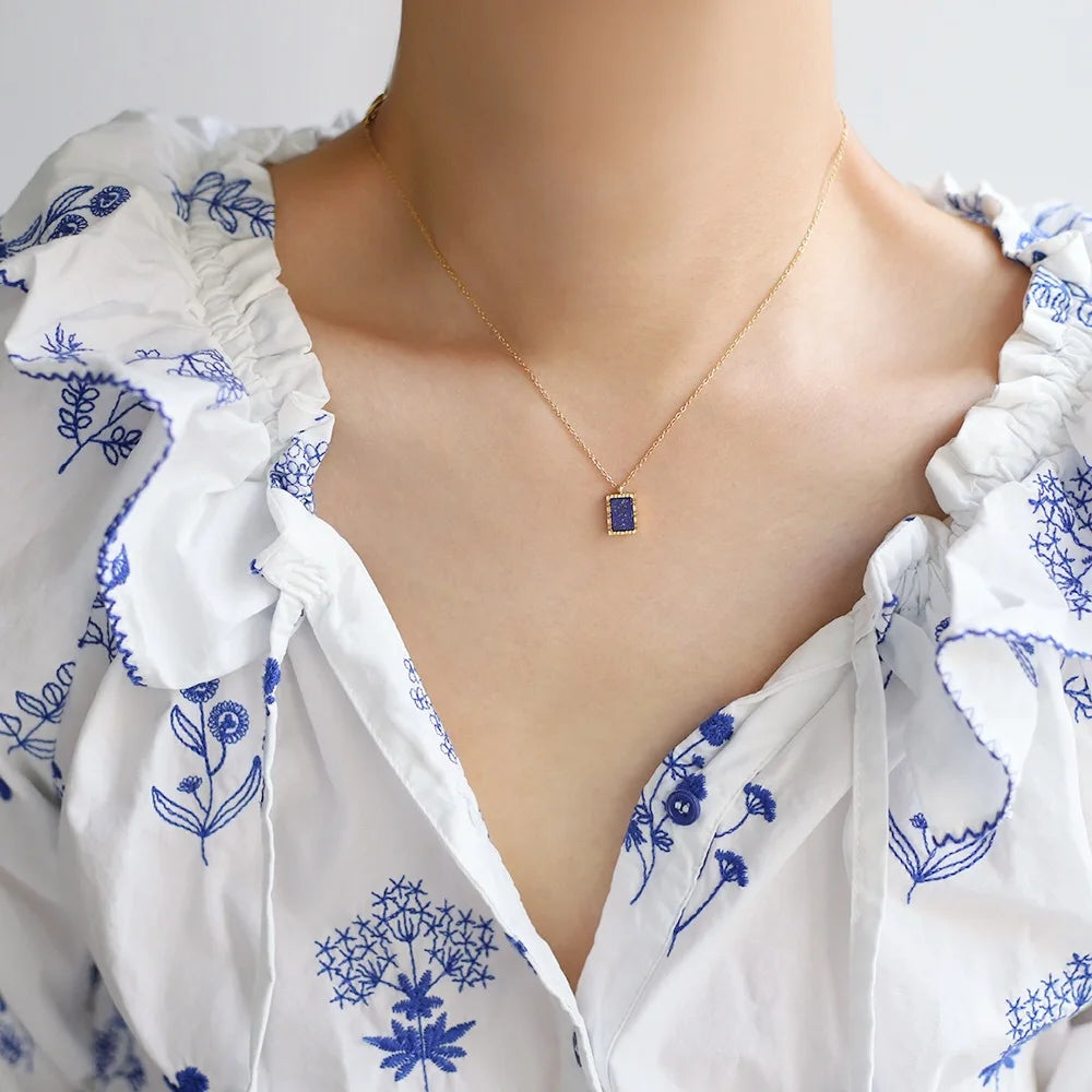 Model wearing  Elegant Lapis Lazuli Geometric Pendant Necklace.