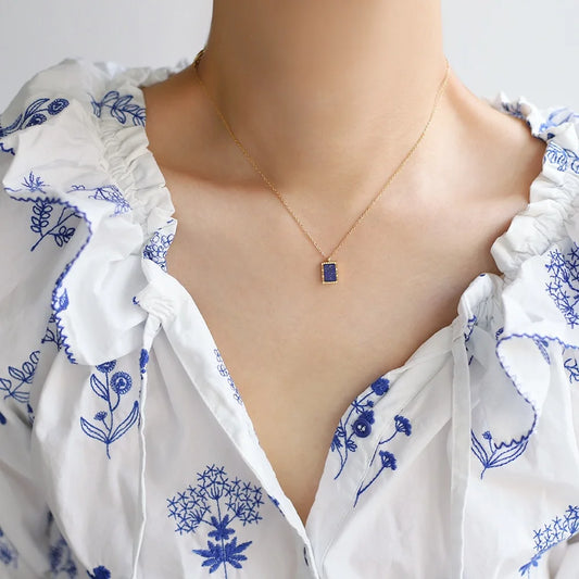 Model wearing  Elegant Lapis Lazuli Geometric Pendant Necklace.