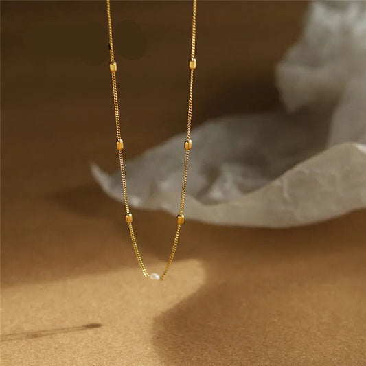 Waterproof Freshwater Pearl and Gold Bead Necklace Yellow Gold

