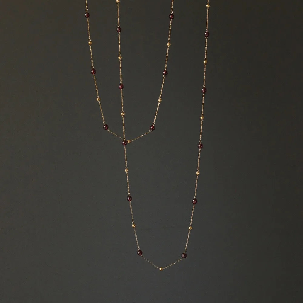 Waterproof Gold Bead & Garnet Necklace in 18K Gold Plated Stainless steel