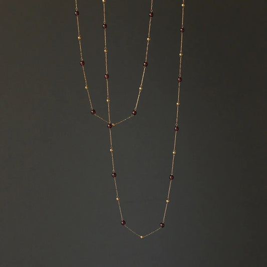 Waterproof Gold Bead & Garnet Necklace in 18K Gold Plated Stainless steel