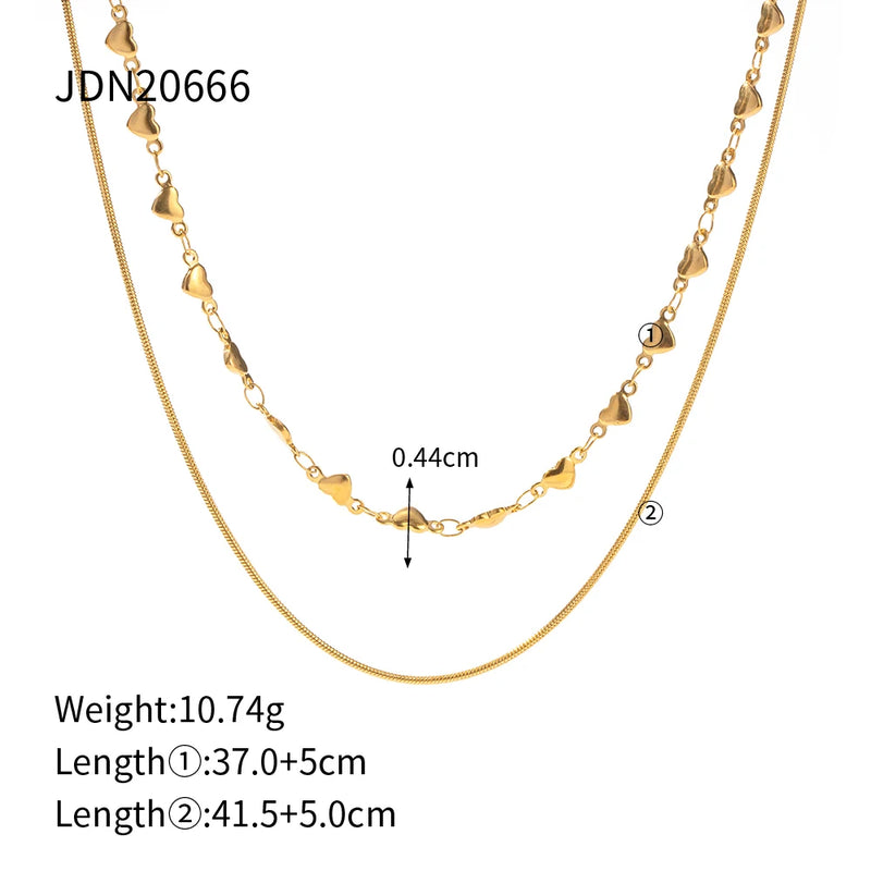 Measurements of Layered Love Necklace in Waterproof 18K Gold-Plated Stainless Steel with heart chocker 37cm and a snake necklace 41.5cm and 5cm extension and 10.74g weight