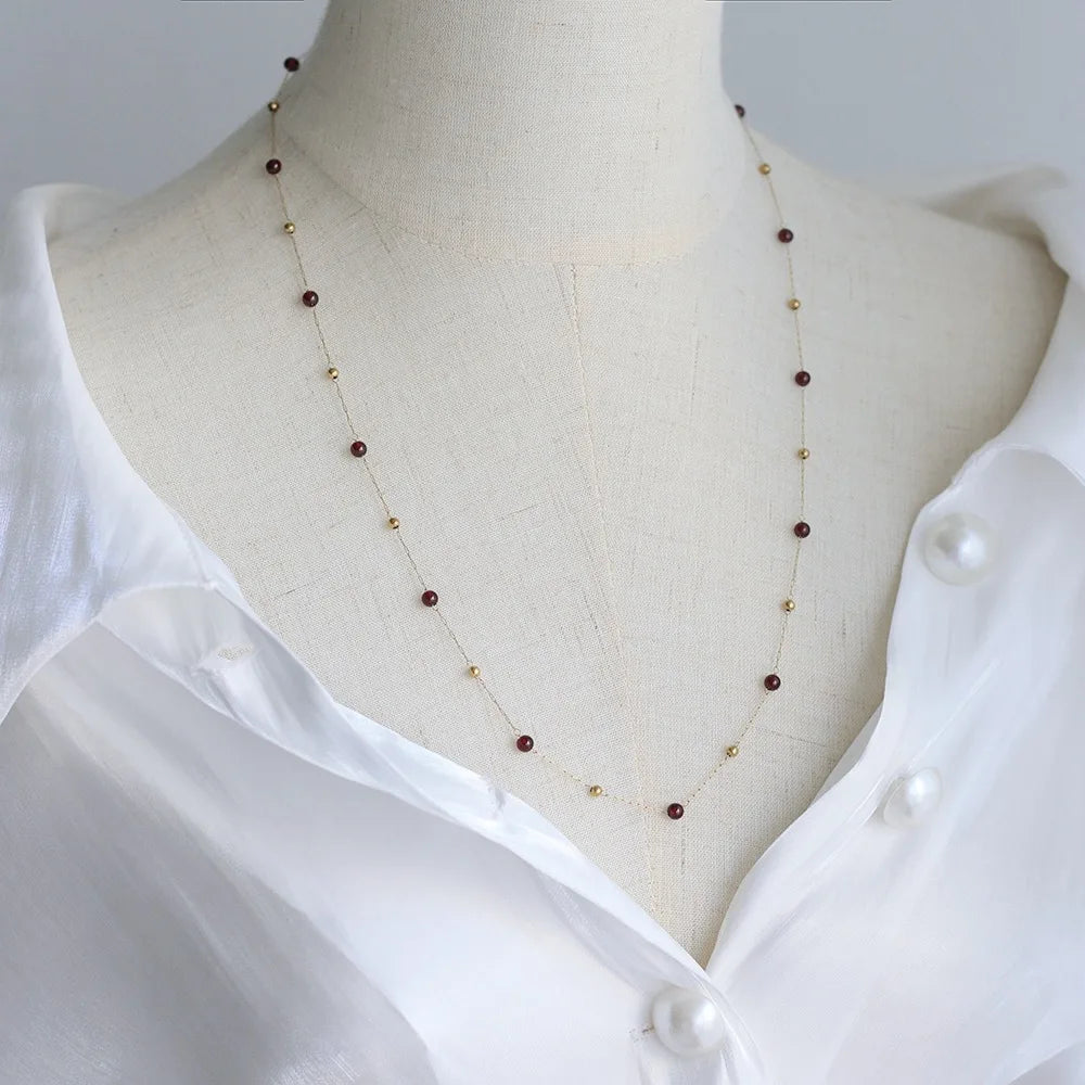 Mode Wearing Waterproof Gold Bead & Garnet Necklace in 18K Gold Plated Stainless steel