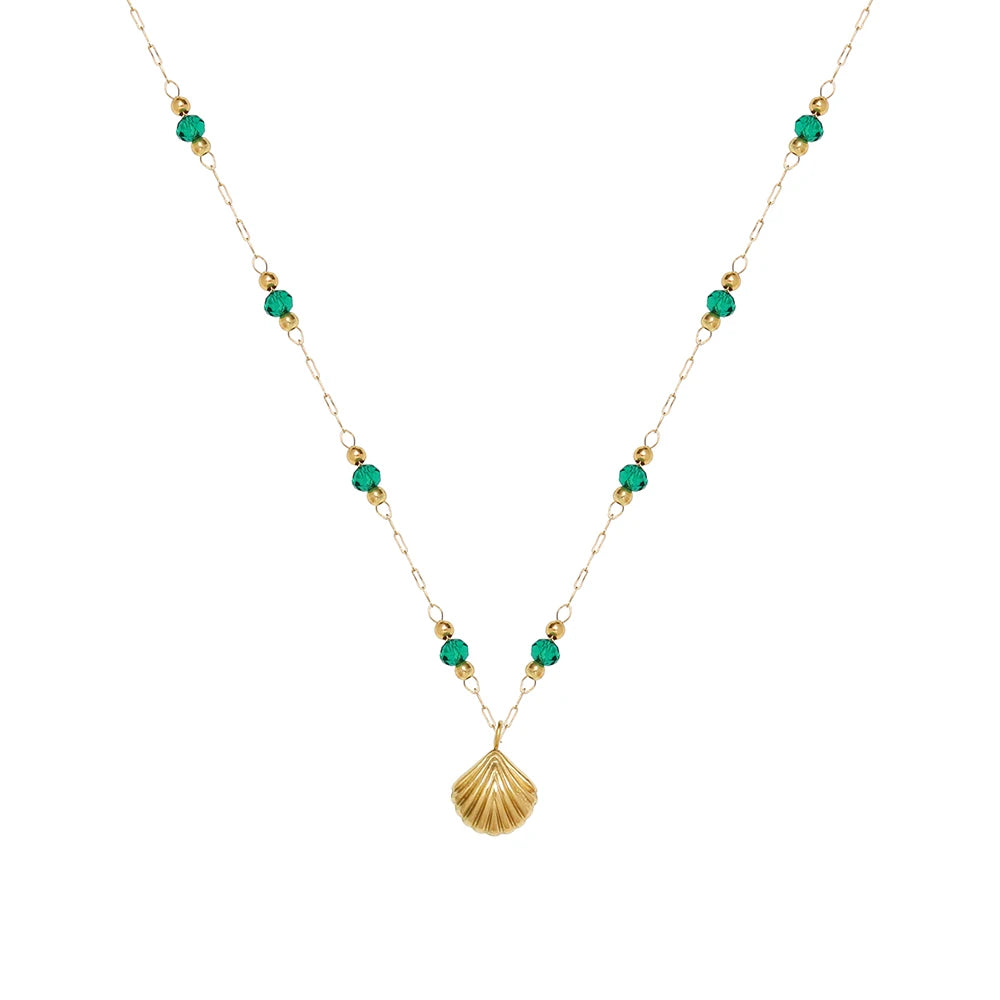 Waterproof Green Bead Shell Necklace in 18K Gold-Plated Stainless Steel