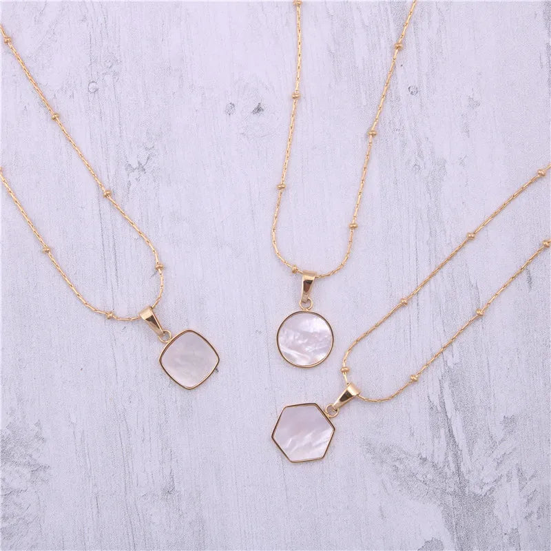 Waterproof White Shell Geometric Pendant Necklace in 18k Gold-Plated Stainless Steel - hexagon square round