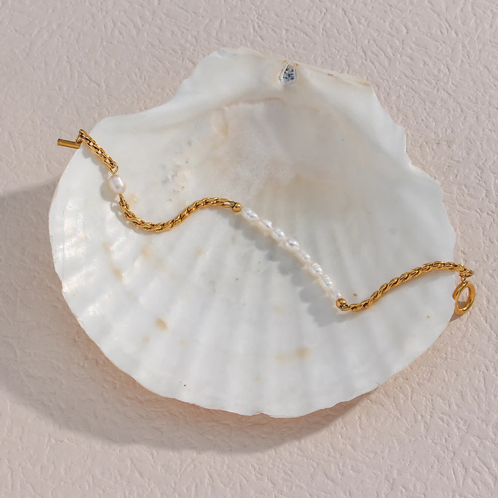 Waterproof Freshwater Pearl & Woven Chain Bracelet - 18K Gold Plated