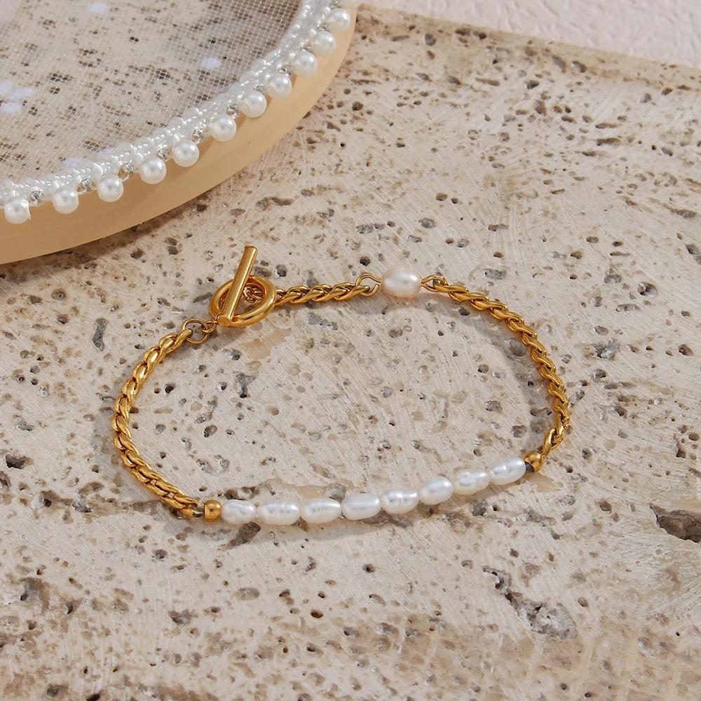 Waterproof Freshwater Pearl & Woven Chain Bracelet - 18K Gold Plated