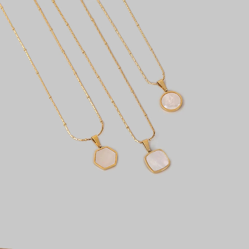 Waterproof White Shell Geometric Pendant Necklace in 18k Gold-Plated Stainless Steel - hexagon square round